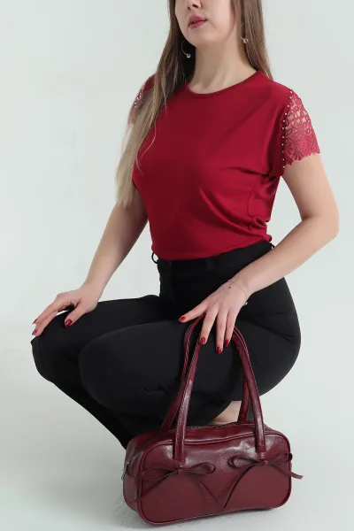 Bordo Dantelli İncili Kol Viskon Bluz 336415