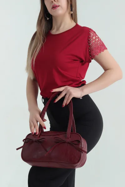 Bordo Dantelli İncili Kol Viskon Bluz 336415
