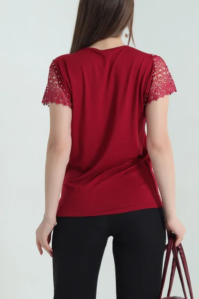 Bordo Dantelli İncili Kol Viskon Bluz 336415