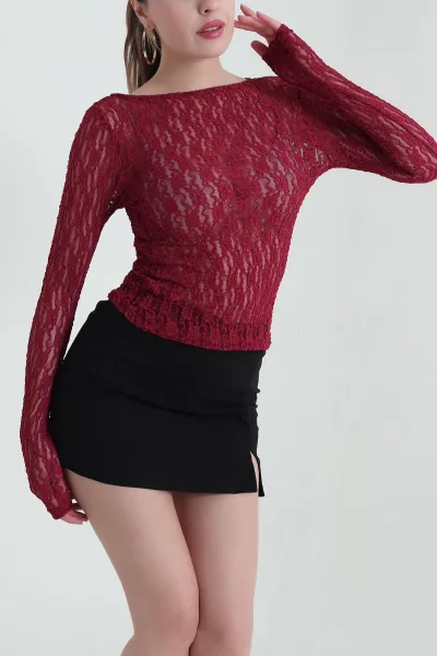 Bordo Dantelli Tasarım Transparan Kadın Bluz 430118