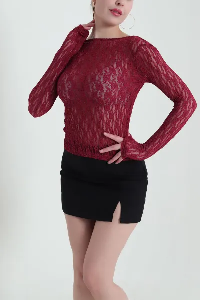Bordo Dantelli Tasarım Transparan Kadın Bluz 430118