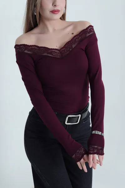 Bordo Dantelli V Yaka Buzzy Kadın Bluz 439813
