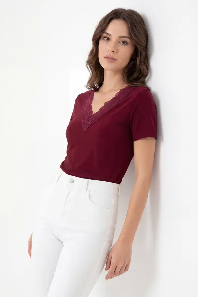 Bordo Dantelli V Yaka Sandy Kadın Bluz 450401