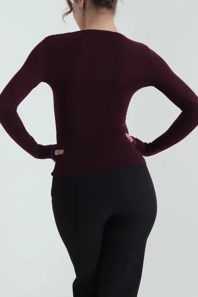 Bordo Dantelli V Yaka Viskon Kadın Bluz 439176