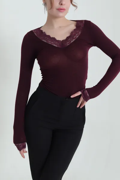 Bordo Dantelli V Yaka Viskon Kadın Bluz 439176