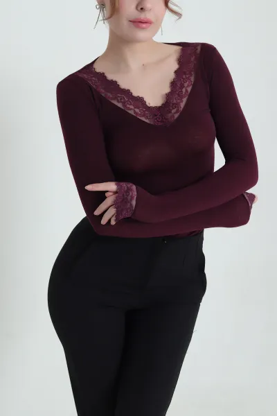 Bordo Dantelli V Yaka Viskon Kadın Bluz 439176