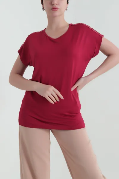 Bordo Dantelli Viskon Kadın Bluz 433777