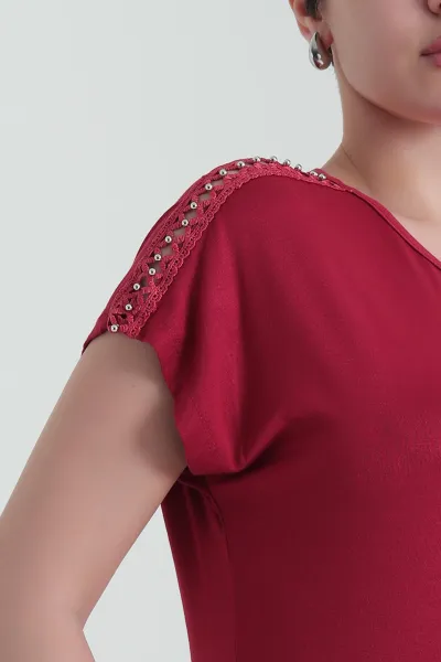 Bordo Dantelli Viskon Kadın Bluz 433777