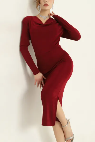Bordo Degaje Yaka Buzzy Kumaş Elbise 328763
