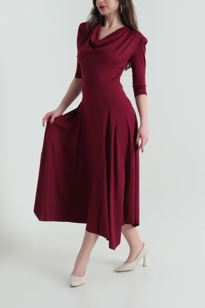 Bordo Degaje Yaka Vatkalı Sandy Kadın Elbise 431724