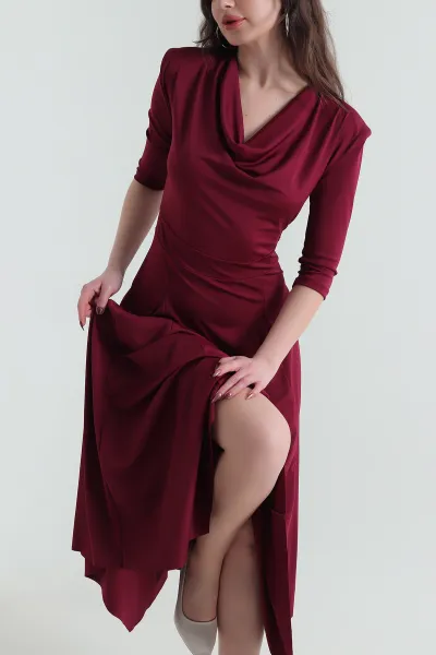 Bordo Degaje Yaka Vatkalı Sandy Kadın Elbise 431724