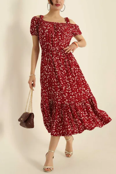 Bordo Desenli Seul Kumaş Elbise 278348