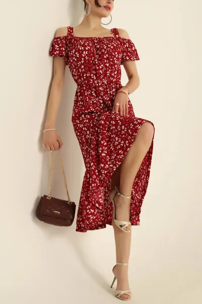 Bordo Desenli Seul Kumaş Elbise 278348