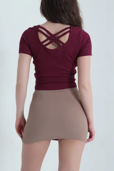 Bordo Destekli Çapraz Askılı Fitilli Kadın Bluz 451152