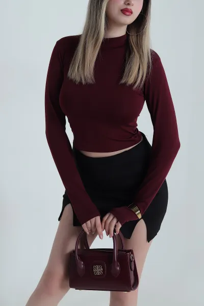 Bordo Dik Yaka Dalgıç Kadın Bluz 487338