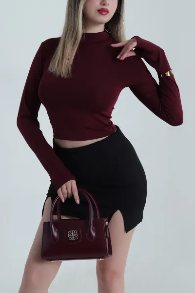 Bordo Dik Yaka Dalgıç Kadın Bluz 487338