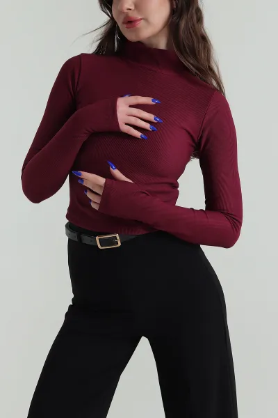 Bordo Dik Yaka Ottoman Kadın Bluz 424656