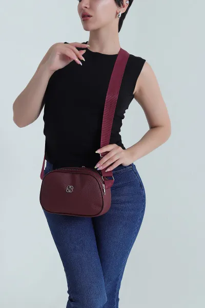Bordo Dokulu Fermuarlı Kadın Omuz Çantası 463470