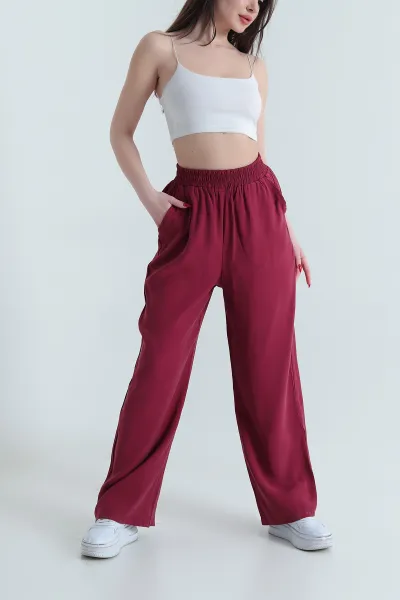 Bordo Dokuma Modal Cepli Bel Lastikli Kadın Pantolon 442093