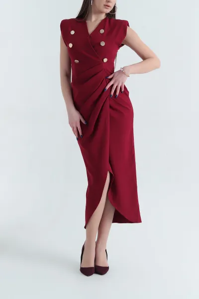 Bordo Drapeli Düğme Detay Atlas Elbise 338980