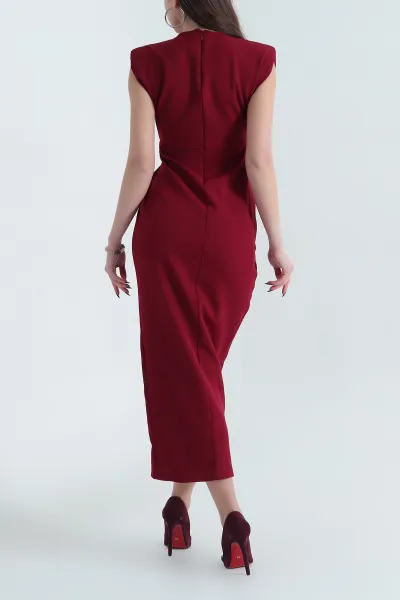Bordo Drapeli Düğme Detay Atlas Elbise 338980