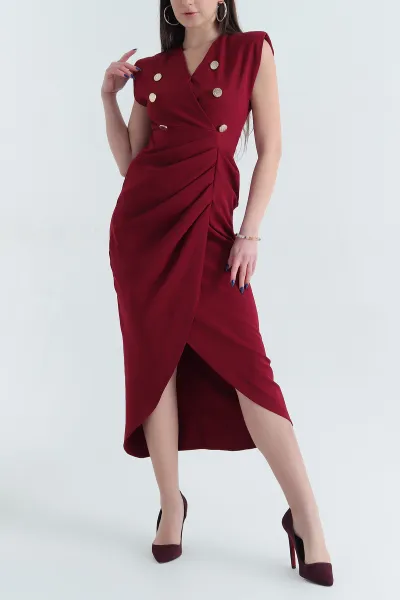 Bordo Drapeli Düğme Detay Atlas Elbise 338980