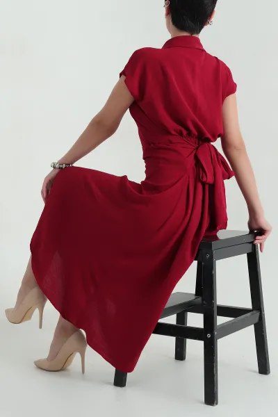 Bordo Düğmeli Bel Bağlamalı Aerobin Kadın Elbise 368313