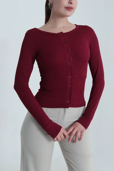 Bordo Düğmeli Bürümcük Kadın Bluz 484390