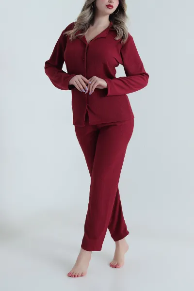 Bordo Düğmeli Bürümcük Kadın Pijama Takımı 494447