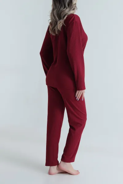 Bordo Düğmeli Bürümcük Kadın Pijama Takımı 494447