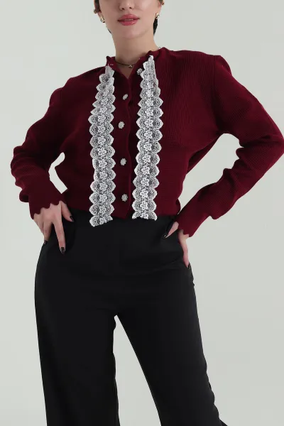 Bordo Düğmeli Güpür Detay Kadın Triko Hırka 423556