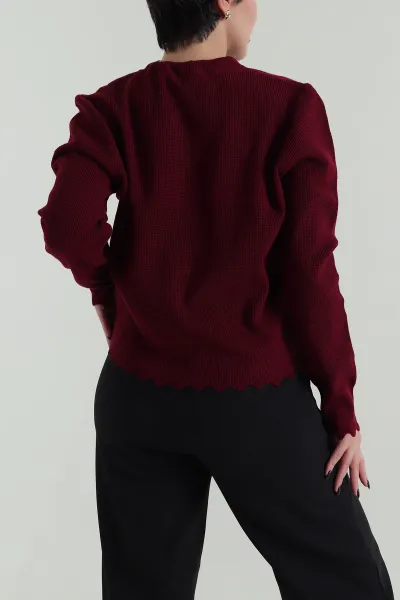 Bordo Düğmeli Güpür Detay Kadın Triko Hırka 423556