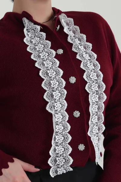 Bordo Düğmeli Güpür Detay Kadın Triko Hırka 423556