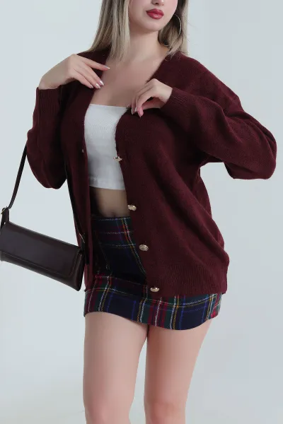 Bordo Düğmeli Kadın Triko Hırka 490468