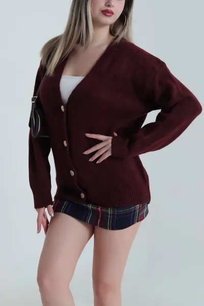Bordo Düğmeli Kadın Triko Hırka 490468