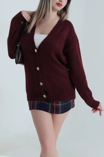 Bordo Düğmeli Kadın Triko Hırka 490468