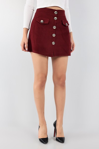 Bordo Düğmeli Kaşe Etek 97197