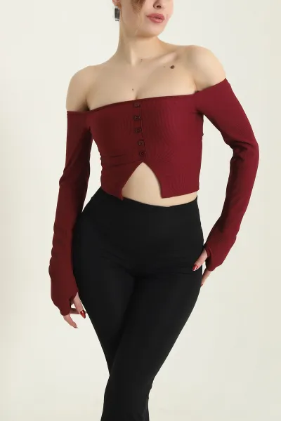 Bordo Düğmeli Ottoman Kadın Bluz 429495