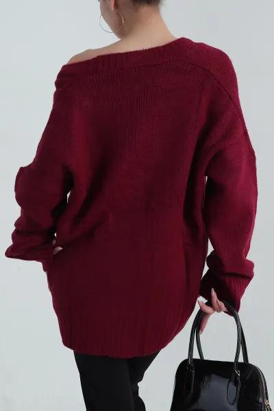 Bordo Düğmeli Oversize Kadın Triko Hırka 401057