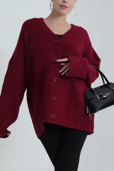 Bordo Düğmeli Oversize Kadın Triko Hırka 401057