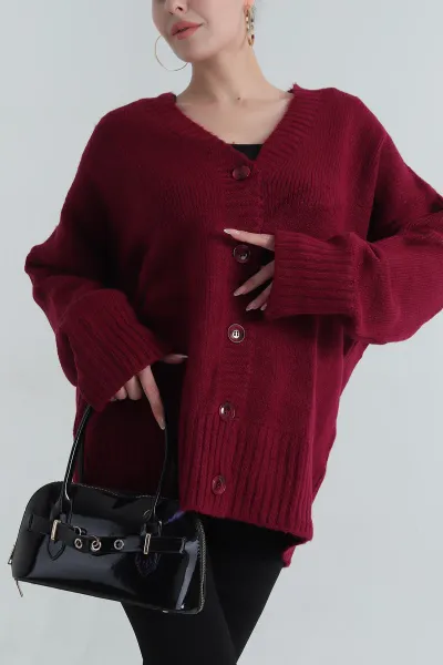 Bordo Düğmeli Oversize Kadın Triko Hırka 401057