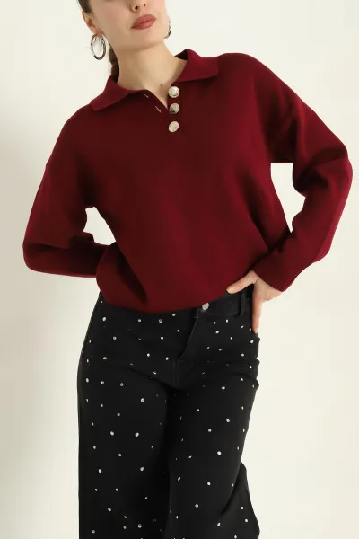 Bordo Düğmeli Polo Yaka Bayan Triko Kazak -T 321845
