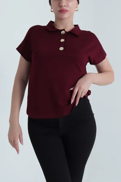 Bordo Düğmeli Polo Yaka Kristal Kadın Bluz 468809