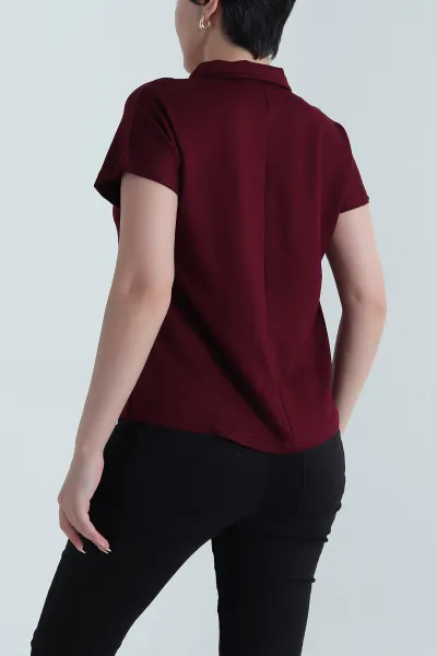 Bordo Düğmeli Polo Yaka Kristal Kadın Bluz 468809