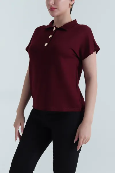 Bordo Düğmeli Polo Yaka Kristal Kadın Bluz 468809