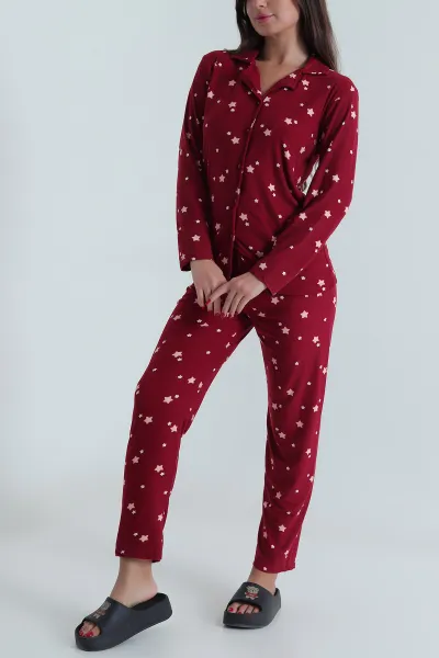 Bordo Düğmeli Süet Kadın Pijama Takımı 490737