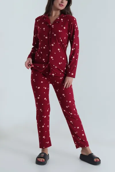 Bordo Düğmeli Süet Kadın Pijama Takımı 490737