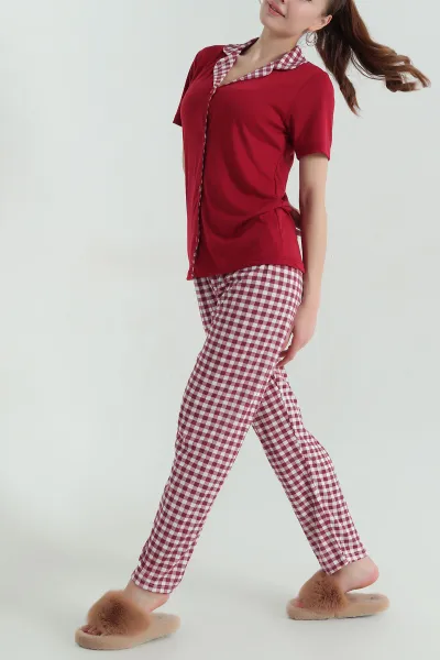 Bordo Düğmeli Viskon Kadın Pijama Takımı 347353