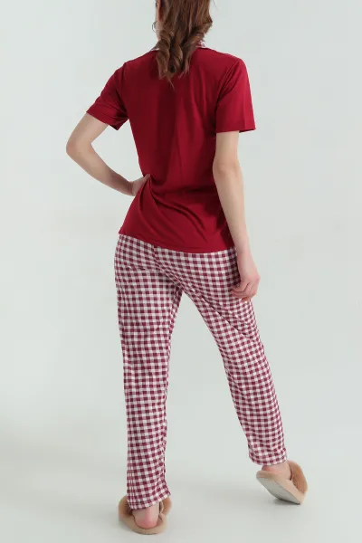 Bordo Düğmeli Viskon Kadın Pijama Takımı 347353
