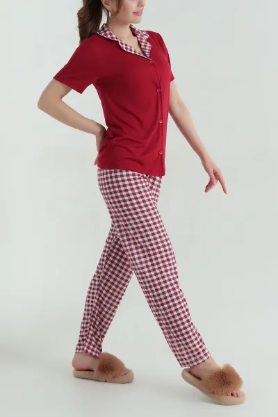 Bordo Düğmeli Viskon Kadın Pijama Takımı 347353